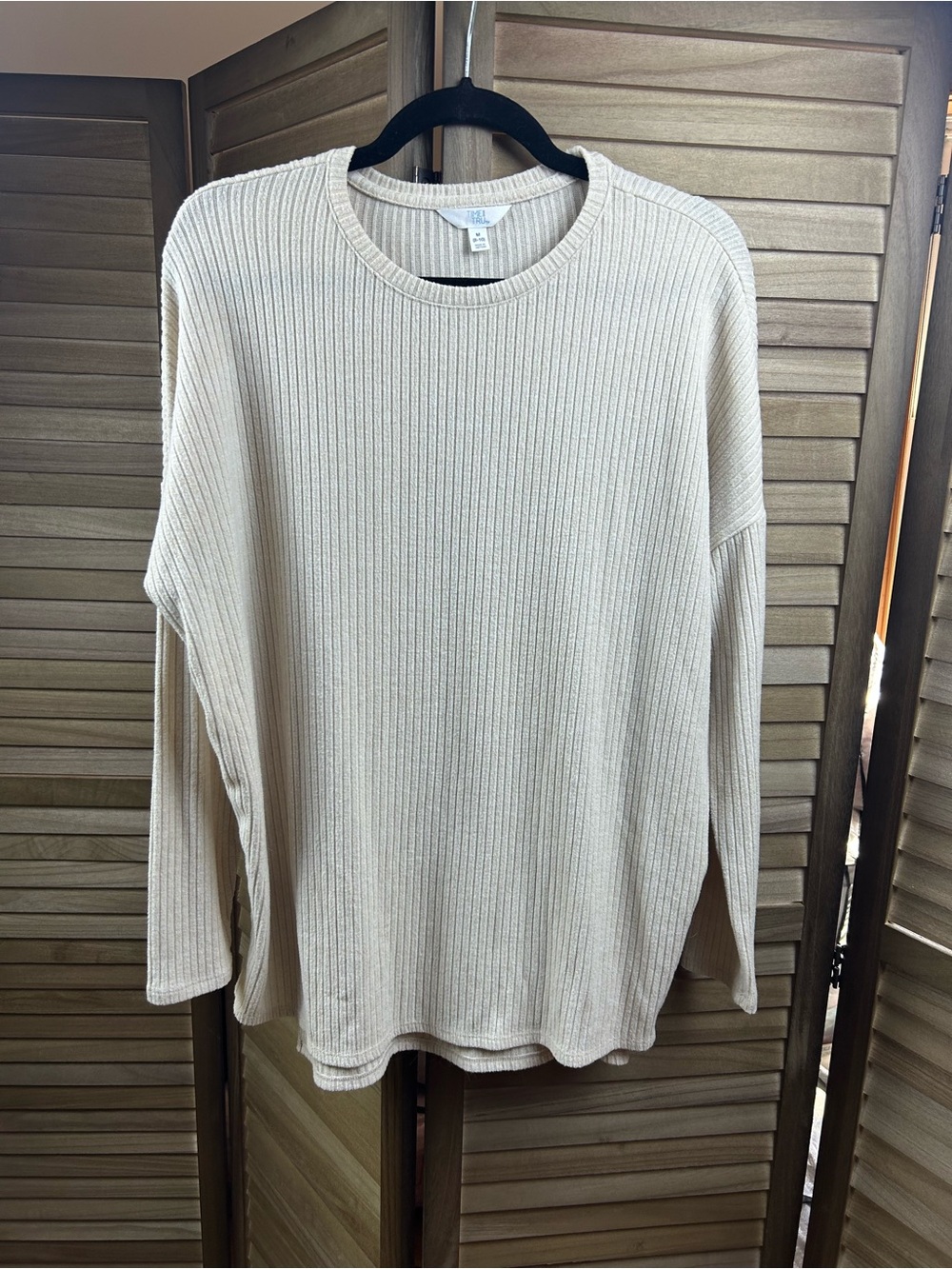 Time and Tru Ribbed Knit Tunic Top Beige Long Sleeve Crew Neck Size M